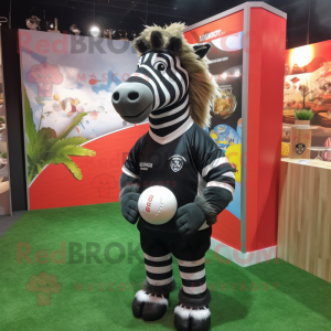 Black Quagga mascot costume character dressed with a Rugby Shirt and Lapel pins
