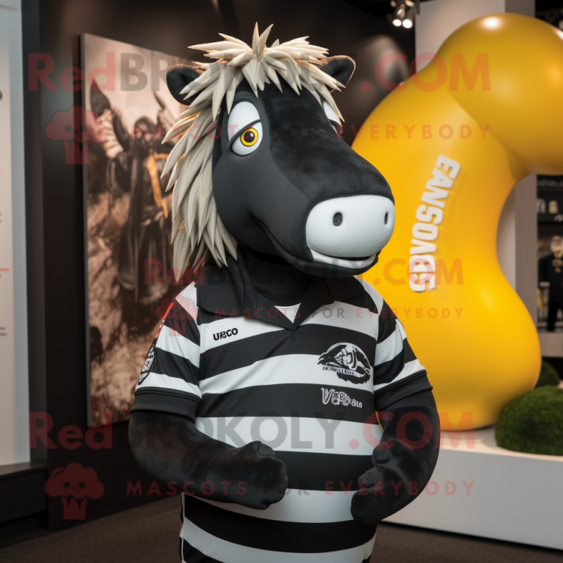 Black Quagga mascot costume character dressed with a Rugby Shirt and Lapel pins