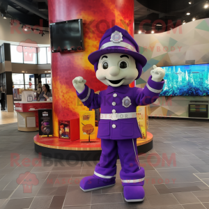 Purple Fire Fighter mascot costume character dressed with a Mini Dress and Bow ties