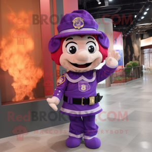 Purple Fire Fighter mascot costume character dressed with a Mini Dress and Bow ties