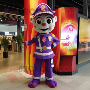 Purple Fire Fighter mascot costume character dressed with a Mini Dress and Bow ties