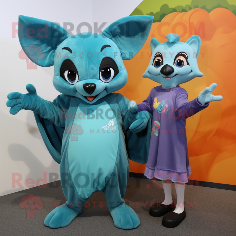 Teal Fruit Bat mascot costume character dressed with a Wrap Dress and Mittens Teal Fruit Bat mascot costume character dressed with a Wrap Dress and Mittens
