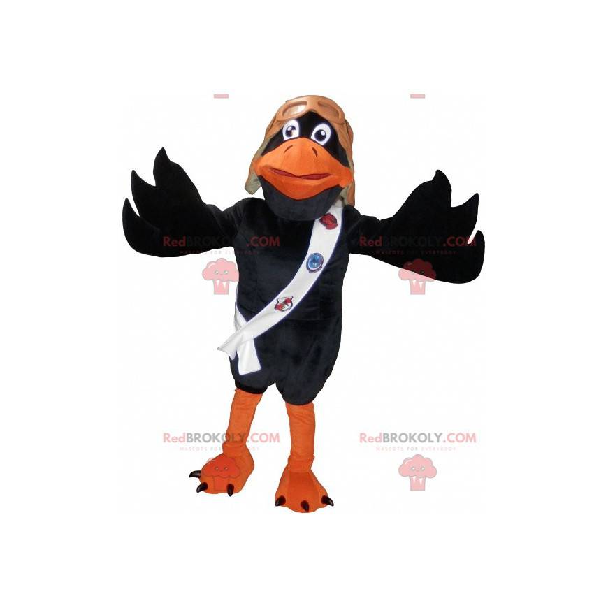 Mascote corvo preto e laranja com capacete de piloto -
