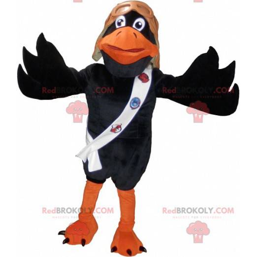 Mascote corvo preto e laranja com capacete de piloto -