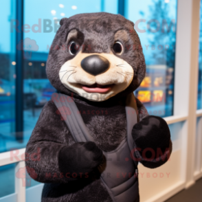 Black Otter mascot costume character dressed with a Sweater and Scarves