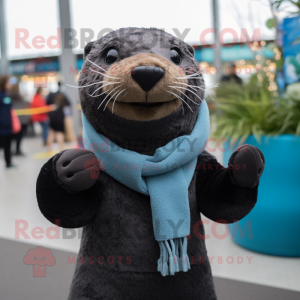 Black Otter mascot costume character dressed with a Sweater and Scarves