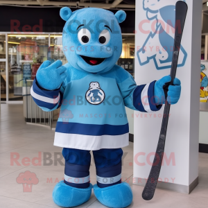 Sky Blue Ice Hockey Stick mascot costume character dressed with a Polo Tee and Mittens