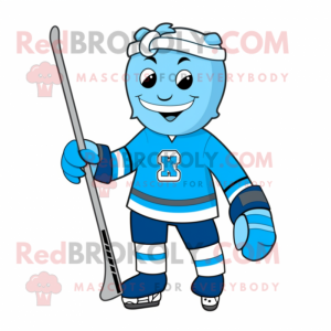 Sky Blue Ice Hockey Stick mascot costume character dressed with a Polo Tee and Mittens