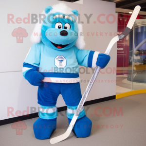 Sky Blue Ice Hockey Stick mascot costume character dressed with a Polo Tee and Mittens