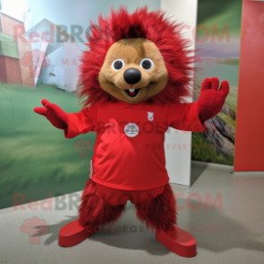 Red Porcupine mascot costume character dressed with a Poplin Shirt and Foot pads