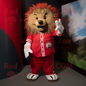 Red Porcupine mascot costume character dressed with a Poplin Shirt and Foot pads