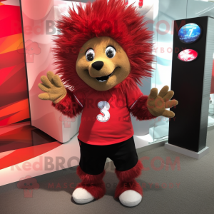 Red Porcupine mascot costume character dressed with a Poplin Shirt and Foot pads