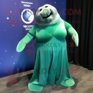 Forest Green Stellar'S Sea Cow mascot costume character dressed with a Maxi Dress and Rings