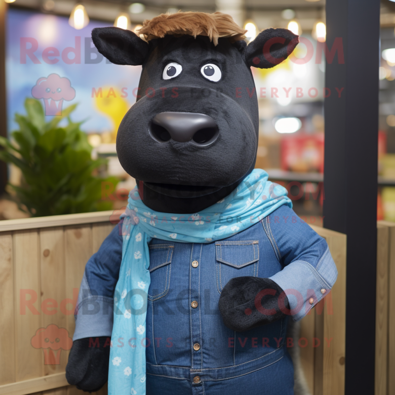 Black Beef Wellington mascot costume character dressed with a Denim Shirt and Scarves