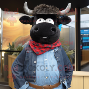 Black Beef Wellington mascot costume character dressed with a Denim Shirt and Scarves