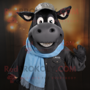 Black Beef Wellington mascot costume character dressed with a Denim Shirt and Scarves
