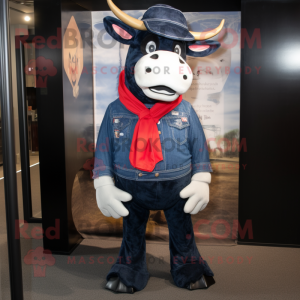 Black Beef Wellington mascot costume character dressed with a Denim Shirt and Scarves