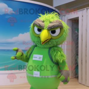 Lime Green Falcon mascot costume character dressed with a Swimwear and Hair clips