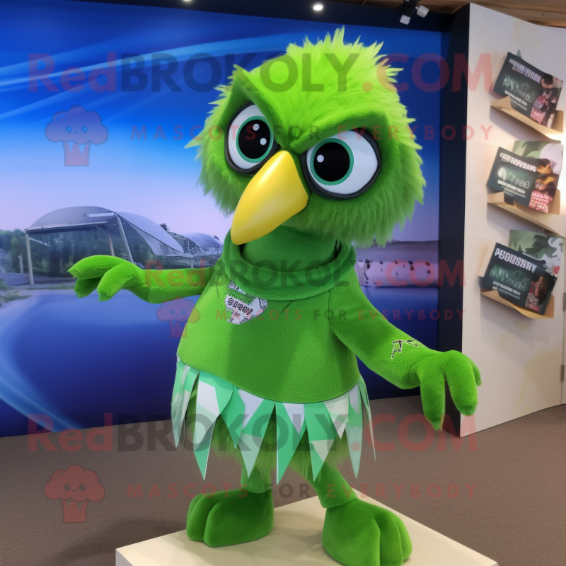 Lime Green Falcon mascot costume character dressed with a Swimwear and Hair clips