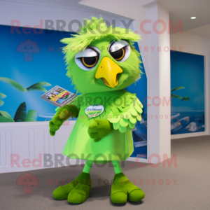 Lime Green Falcon mascot costume character dressed with a Swimwear and Hair clips