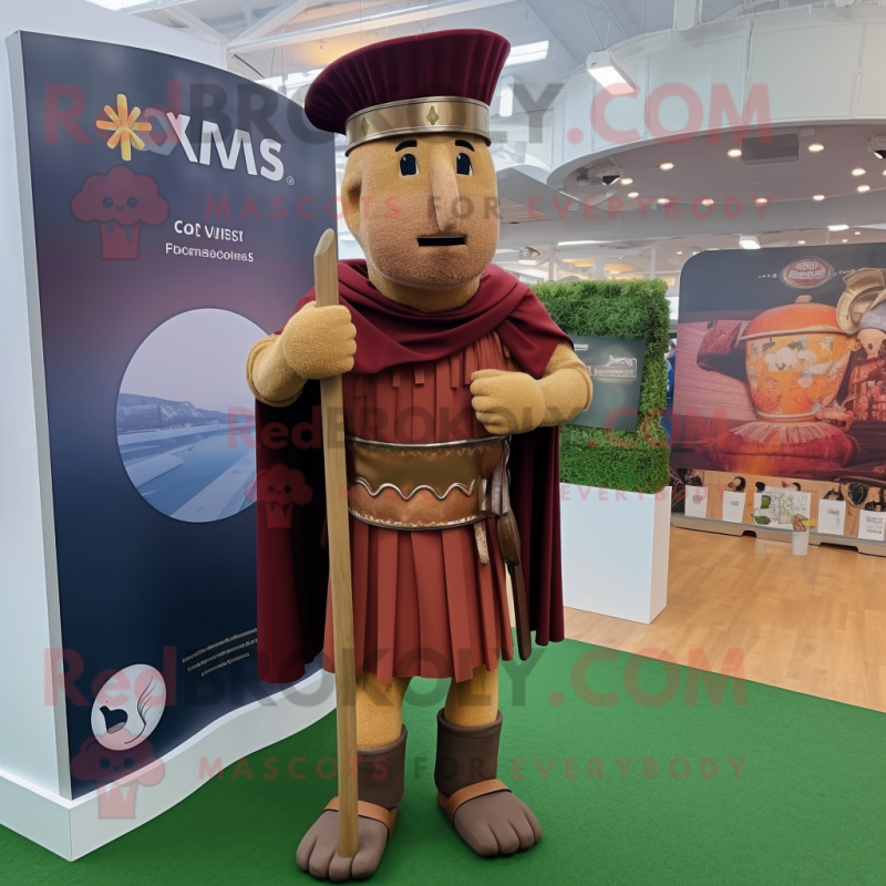 Brown Roman Soldier mascot costume character dressed with a Maxi Dress and Lapel pins