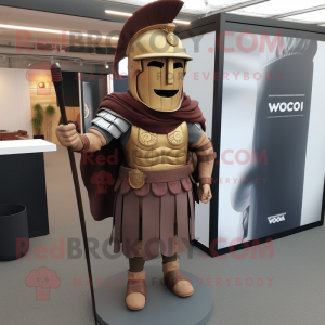 Brown Roman Soldier mascot costume character dressed with a Maxi Dress and Lapel pins