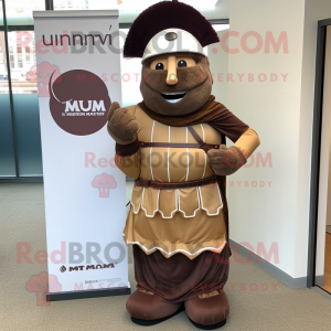 Brown Roman Soldier mascot costume character dressed with a Maxi Dress and Lapel pins