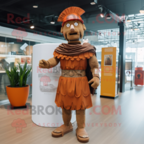 Brown Roman Soldier mascot costume character dressed with a Maxi Dress and Lapel pins