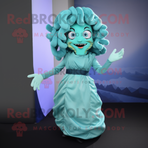 Cyan Medusa mascot costume character dressed with a Dress and Gloves