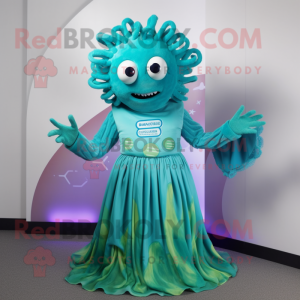 Cyan Medusa mascot costume character dressed with a Dress and Gloves
