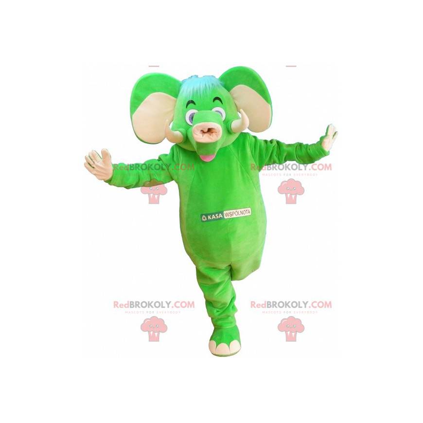 Mascote elefante verde e bege divertido e colorido -