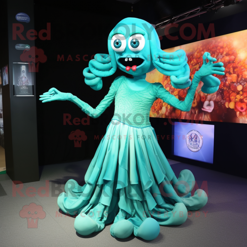 Cyan Medusa mascot costume character dressed with a Dress and Gloves