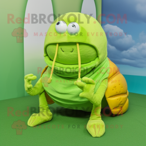 Lime Green Hermit Crab mascot costume character dressed with a Sweater and Earrings