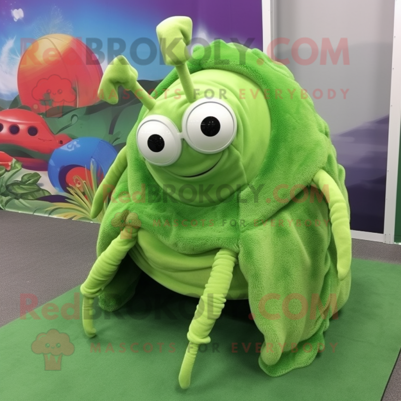 Lime Green Hermit Crab mascot costume character dressed with a Sweater and Earrings