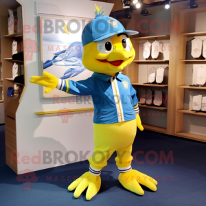 Lemon Yellow Blue Jay mascot costume character dressed with a Romper and Pocket squares