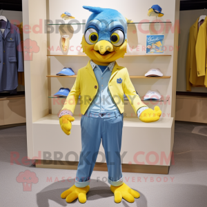 Lemon Yellow Blue Jay mascot costume character dressed with a Romper and Pocket squares