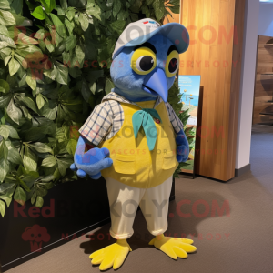 Lemon Yellow Blue Jay mascot costume character dressed with a Romper and Pocket squares