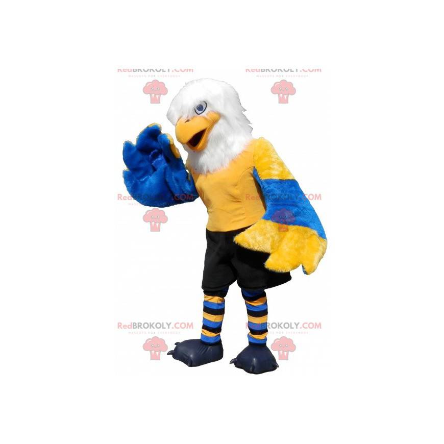Mascot geel blauw en wit adelaar met zwarte korte broek -