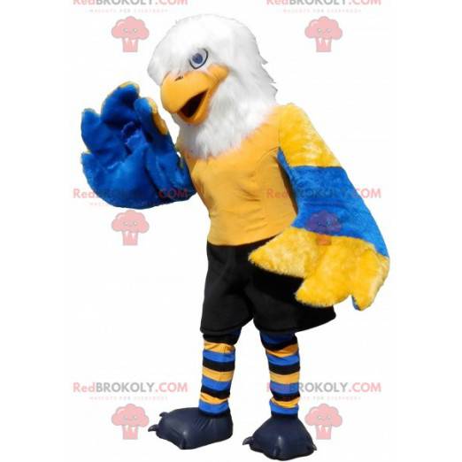 Mascotte giallo blu e bianco aquila con pantaloncini neri -