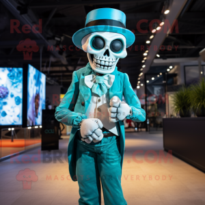 Cyan Skull mascot costume character dressed with a Waistcoat and Headbands