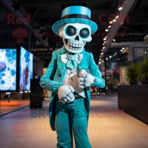 Cyan Skull mascot costume character dressed with a Waistcoat and Headbands