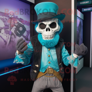 Cyan Skull mascot costume character dressed with a Waistcoat and Headbands