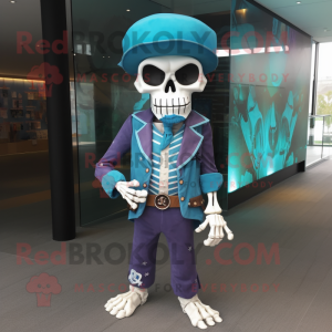 Cyan Skull mascot costume character dressed with a Waistcoat and Headbands