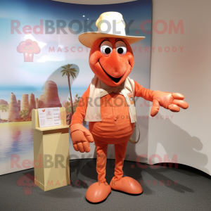 Peach Lobster Bisque mascot costume character dressed with a Chinos and Hats