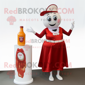 Cream Bottle Of Ketchup mascot costume character dressed with a Cocktail Dress and Brooches