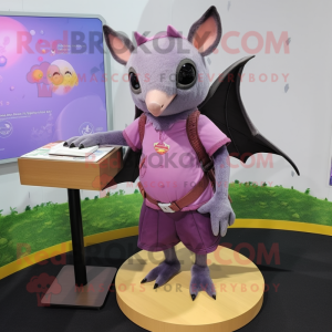 Lavender Fruit Bat mascot costume character dressed with a Pencil Skirt and Messenger bags