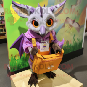 Lavender Fruit Bat mascot costume character dressed with a Pencil Skirt and Messenger bags