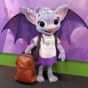 Lavender Fruit Bat mascot costume character dressed with a Pencil Skirt and Messenger bags