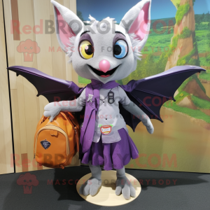 Lavender Fruit Bat mascot costume character dressed with a Pencil Skirt and Messenger bags