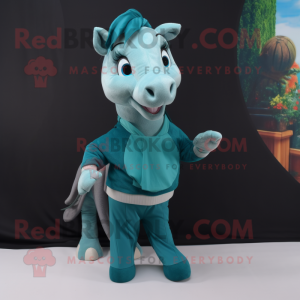 Teal Mare mascot costume character dressed with a Sweater and Suspenders